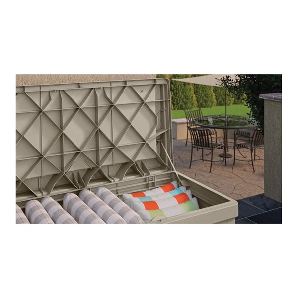 Suncast DB9500 Deck Box with Seat, 53-1/2 in W, 27-3/4 in D, 26-1/2 in H, Resin, Light Taupe