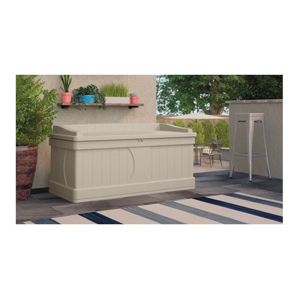 Suncast DB9500 Deck Box with Seat, 53-1/2 in W, 27-3/4 in D, 26-1/2 in H, Resin, Light Taupe