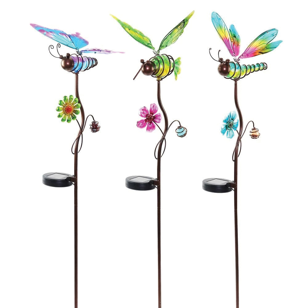 Alpine LJJ778A Solar Yard Stake, Butterfly, Hummingbird, Dragonfly, Glass/Iron, Powder-Coated