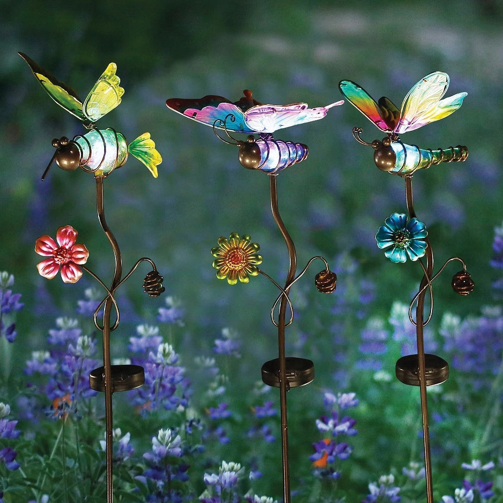 Alpine LJJ778A Solar Yard Stake, Butterfly, Hummingbird, Dragonfly, Glass/Iron, Powder-Coated
