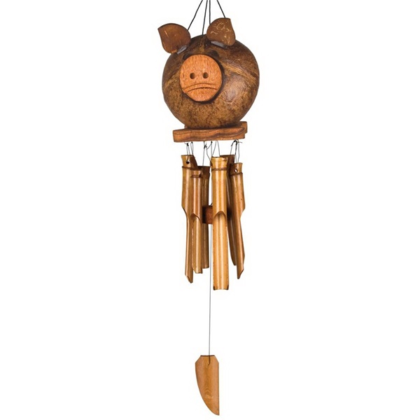 Asli Arts CPIG Wind Chime, Pig, Bamboo/Coconut, Hanging Mounting