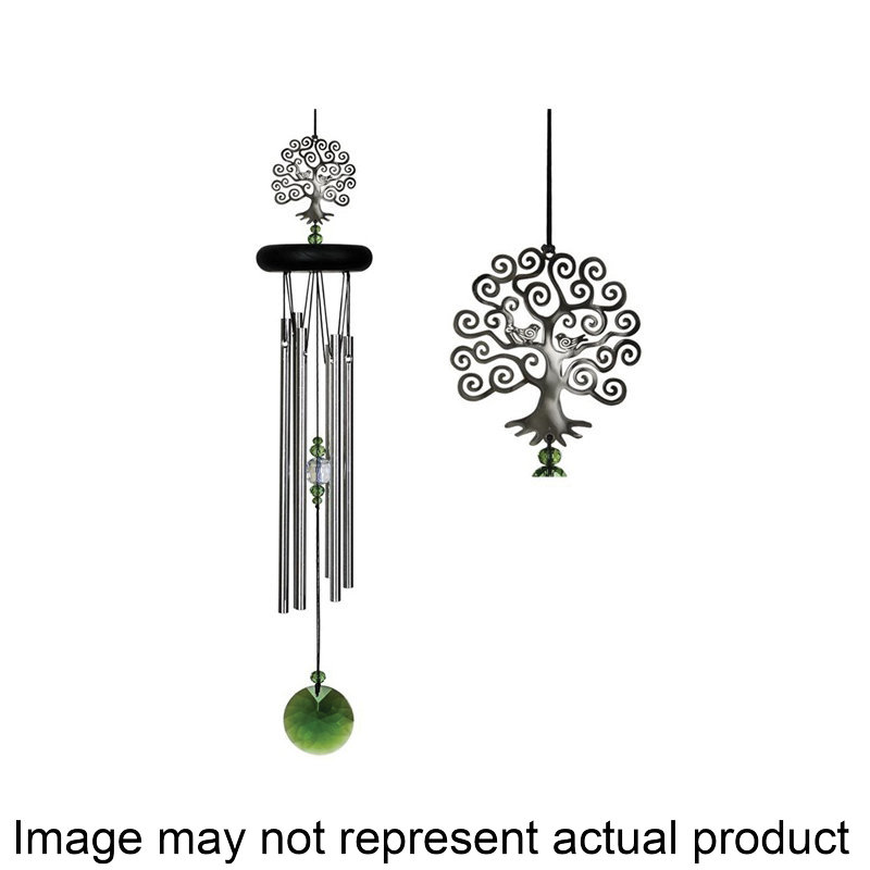 WFTE Wind Chime, Tree of Life, Brass/Wood, Black/Silver, Nickel-Plated, Hanging Mounting