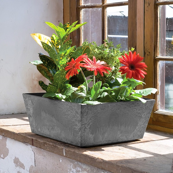 Novelty 36100 Low Planter, 4-3/4 in H, 9-3/4 in W, 9-3/4 in D, Square, Ella Design, Natural Stone/Resin, Gray - 2
