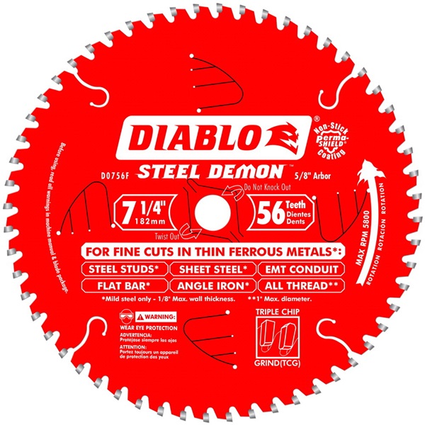 Steel Demon D0756F Circular Saw Blade, 7-1/4 in Dia, 5/8 in Arbor, 56-Teeth, Carbide Cutting Edge