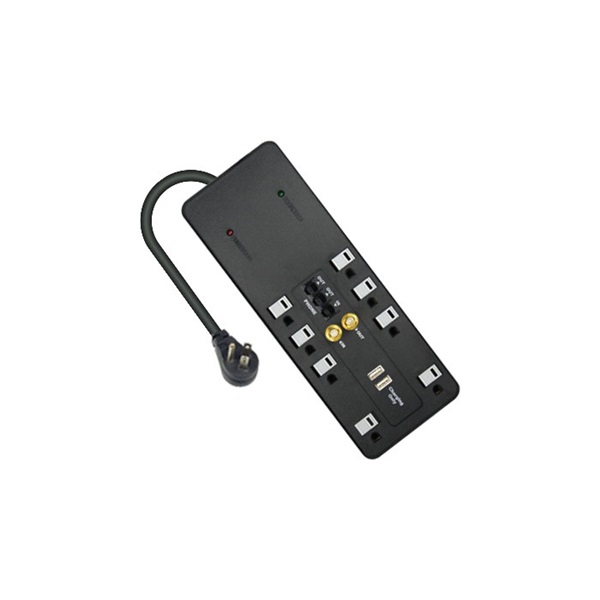 KAB PS-823F-2A Surge Protector with Transformer Outlet, 14/3 AWG Cable, 6 ft L Cable, 8 -Socket, 2 -USB Port, 15 A