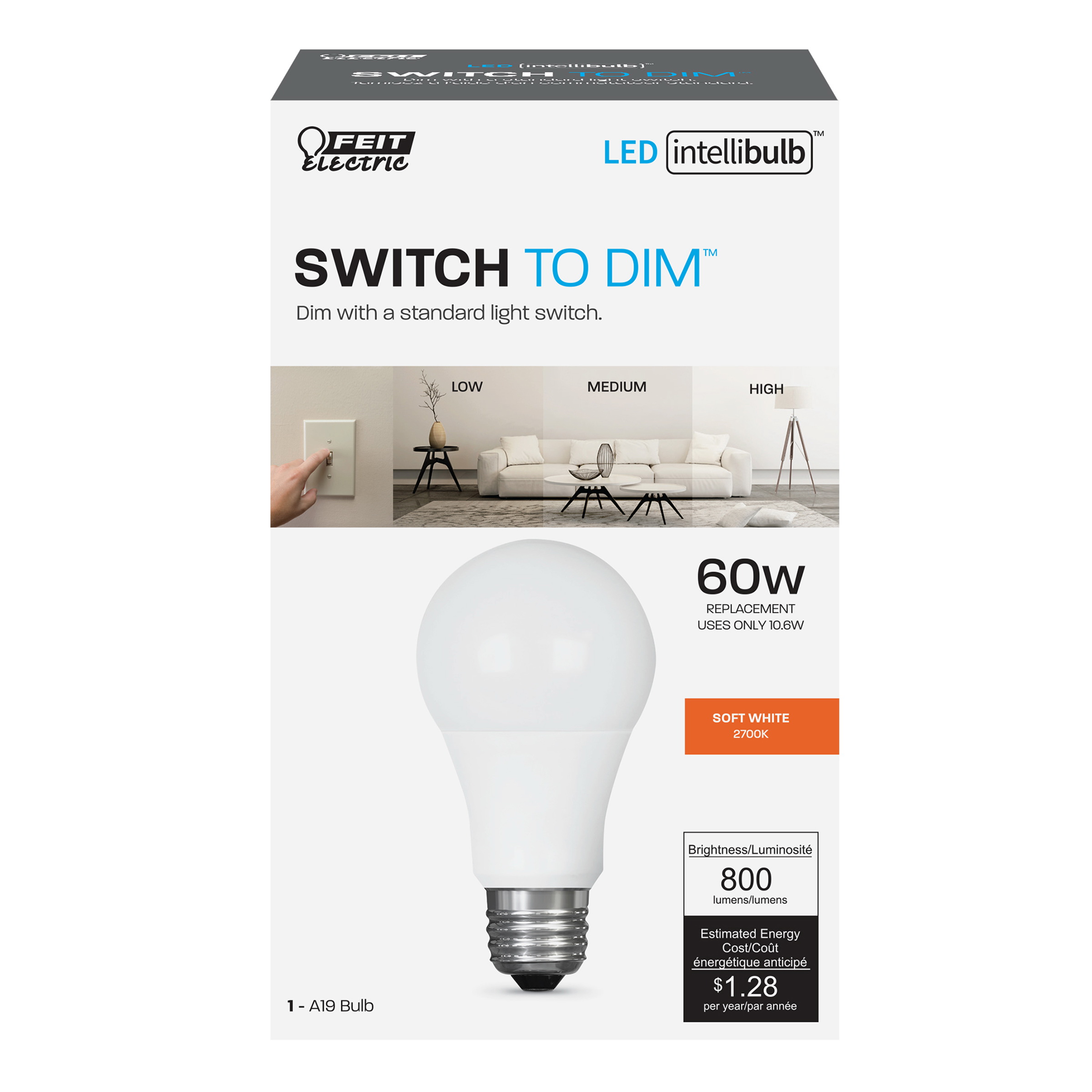 OM60/3DIMCA/LEDI IntelliBulb LED Bulb, General Purpose, A19 Lamp, 60 W Equivalent, E26 Lamp Base, Dimmable