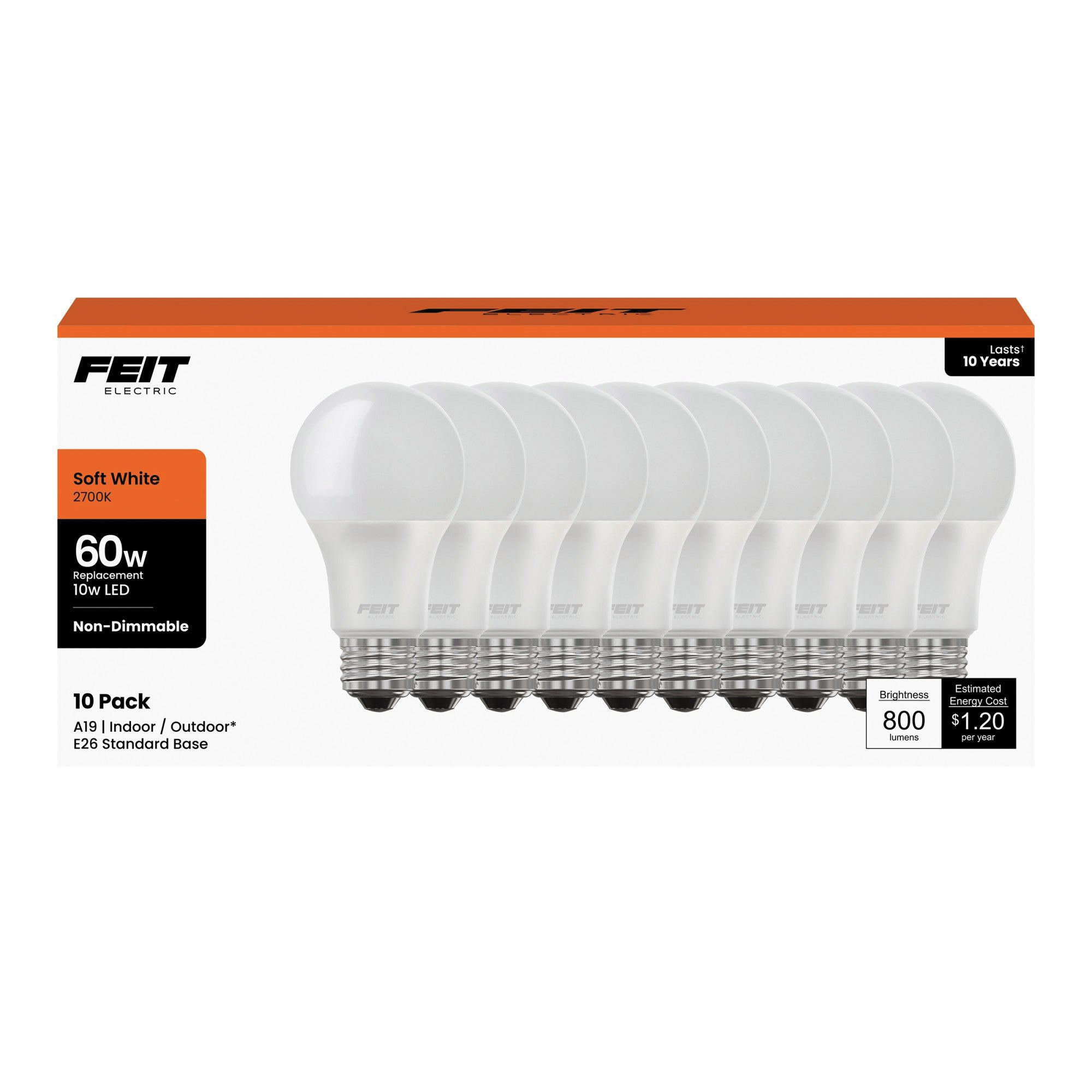 Feit Electric A800/830/10KLED/10 LED Bulb, General-Purpose, A19 Lamp, 60 W Equivalent, E26 Lamp Base, Soft White Light - 2