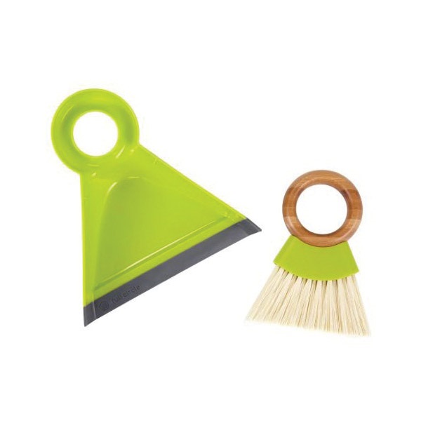 Full Circle Tiny Team FC14608 Mini Brush and Dustpan Set, 7 in L, 7 in W, Bamboo/Plastic/Rubber/Silicone, Green
