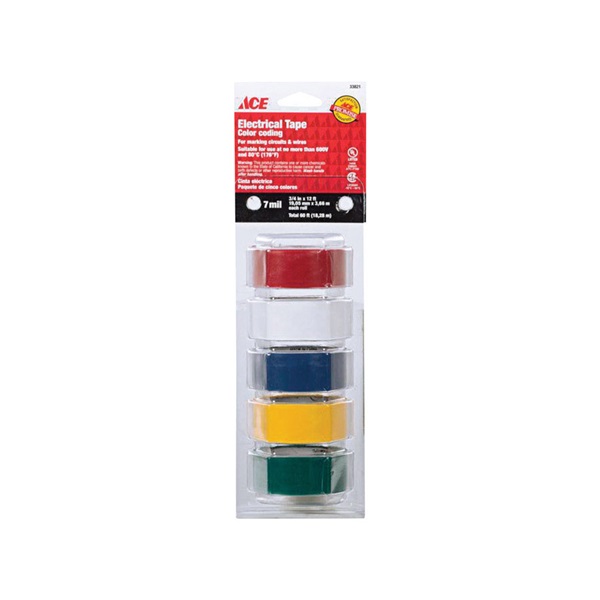 ACE 641313 Electrical Tape, 12 ft L, 3/4 in W, Vinyl Backing, Multicolor - 1