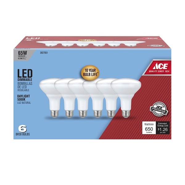 ACE BR30DM85010KACE LED Bulb, Flood/Spotlight, BR30 Lamp, 65 W Equivalent, E26 Lamp Base, Dimmable, Frosted - 1