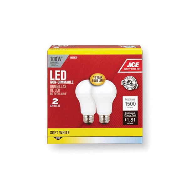 ACE A160082710KLED2 LED Bulb, General Purpose, A19 Lamp, 100 W Equivalent, E26 Lamp Base, Frosted, Soft White Light - 2