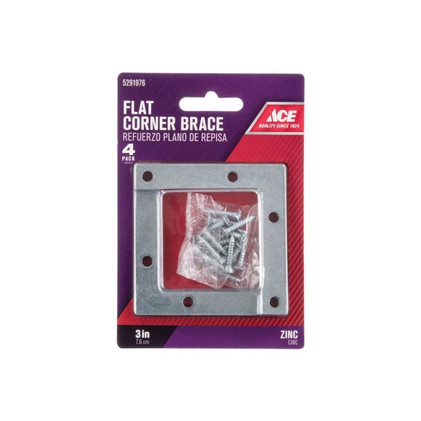 ACE 01-3410-330 Flat Corner Brace, 3 in L, 3-3/4 in W, 3 in H, Zinc - 1