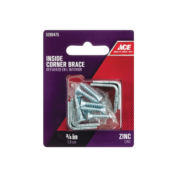 ACE 01-3404-200 L Corner Brace, 3/4 in L, 2-3/4 in W, 3/4 in H, Zinc - 1