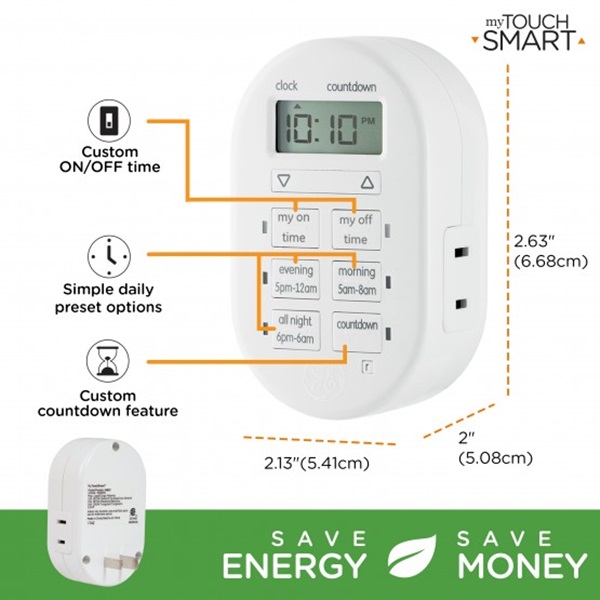 myTouchSmart 26892 Digital Timer, 15 A, 125 V, 1875 W, 1-Outlet, 24 hr Time Setting, White - 3