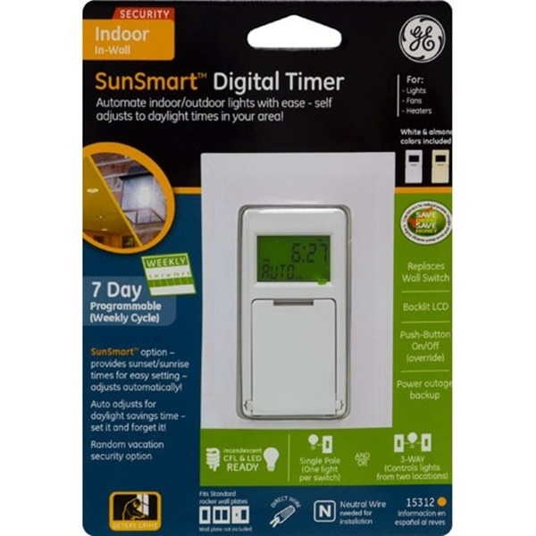 GE 15312 Digital Timer, 20 A, 120 VAC, 7 days Time Setting, 7 On/Off Cycles Per Day Cycle, Almond/White