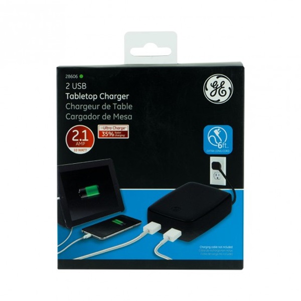 GE 28606 Desktop Charger with 2-USB Ports, 2.1 A Charge, 6 ft L Cord, Black