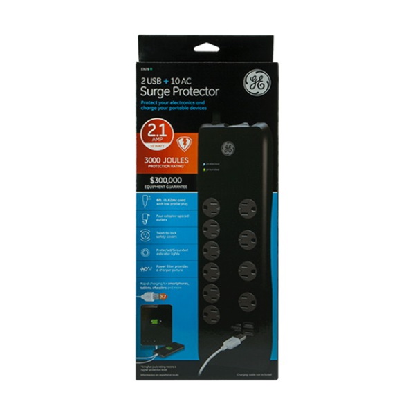 GE 13476 Surge Protector, 2.1 A, 12-Outlet, 3000 J Energy, Black - 2