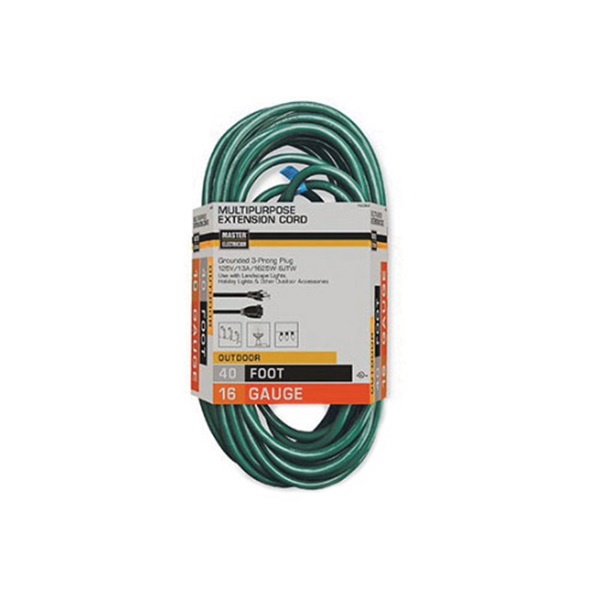 Master Electrician 02356-05TV Round Extension Cord, 16 AWG Cable, 40 ft L, 13 A, 125 V, Green