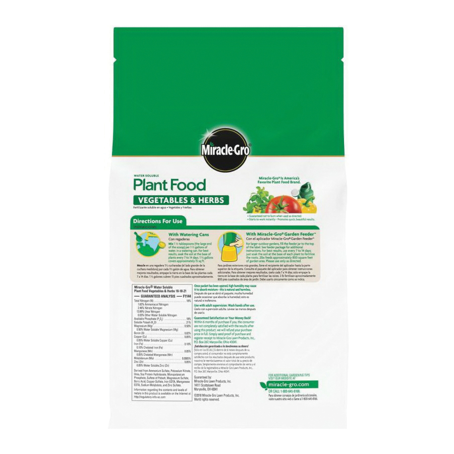 Miracle-Gro 3003710 Vegetable and Herb Plant Food, 2 lb Bag, Solid, 18-18-21 N-P-K Ratio - 1