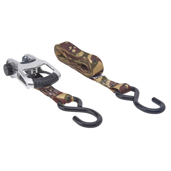 Ratchet Tie-Down Strap, Keeper, 1 in W, 12 ft L, Desert Camouflage, 550 lb Working Load, S-Hook End, 2 pk - 2