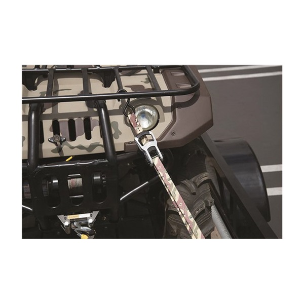 Ratchet Tie-Down Strap, Keeper, 1 in W, 12 ft L, Desert Camouflage, 550 lb Working Load, S-Hook End, 2 pk - 4