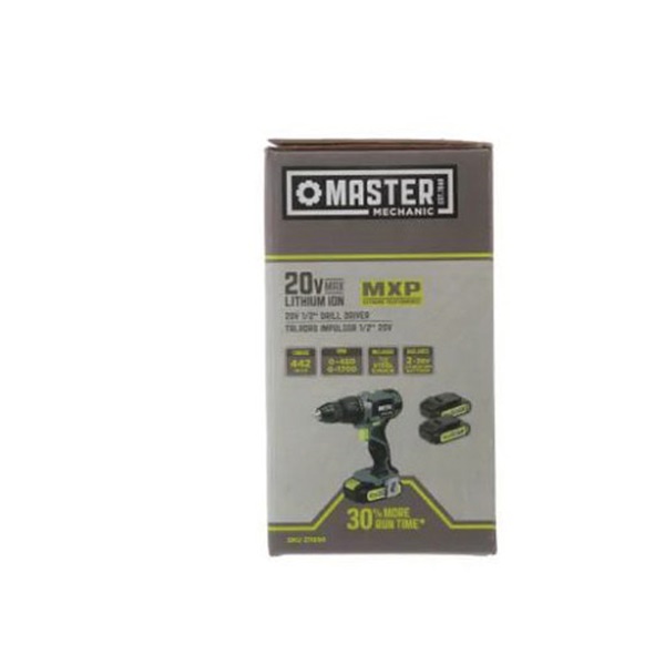 Master Mechanic 211896 Compact Drill Kit, Battery Included, 20 V, 1.5 Ah, 1/2 in Chuck