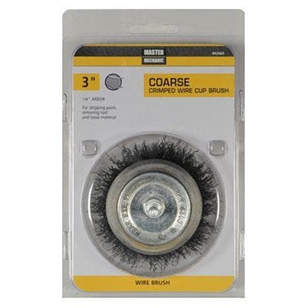 Master Mechanic 842663 Wire Cup Brush, 3 in Dia, 1/4 in Arbor/Shank, Crimped Bristle