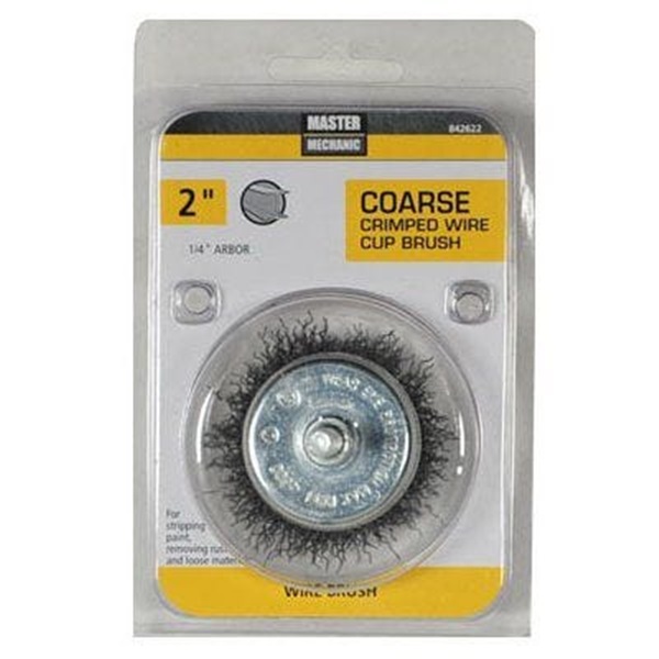Master Mechanic 842622 Wire Cup Brush, 2 in Dia, 1/4 in Arbor/Shank, Crimped Bristle