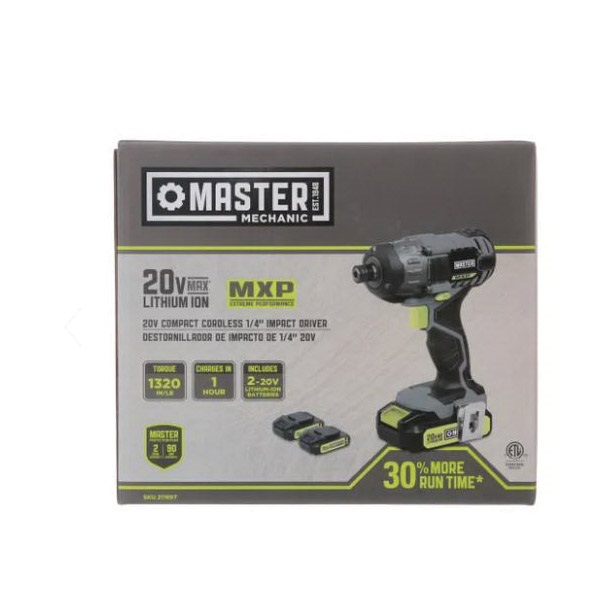Master Mechanic 211897 Impact Driver, Battery Included, 20 V, 1.5 Ah, 0 to 2900 rpm Speed