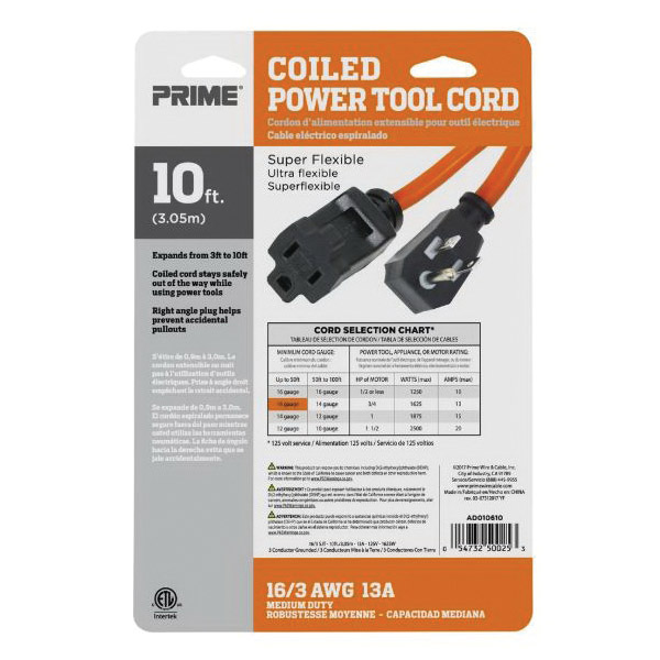 Prime AD010610 Power Tool Extension Cord, 16 AWG Wire, 10 ft L, Orange Sheath, 125 V - 3