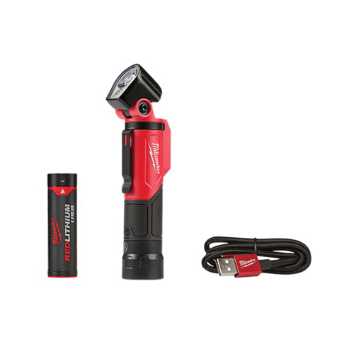 2113-21 Pivoting Flashlight, Red Lithium Battery, LED Lamp, 500 Lumens Lumens, Flood, Spot Beam, Black/Red