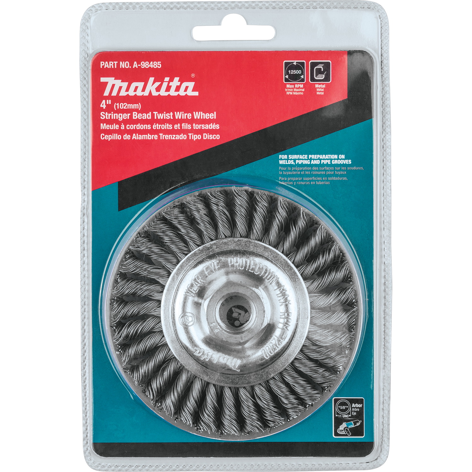 Makita A-98485 Wire Wheel, 4 in Dia, 5/8-11 Arbor/Shank, Twisted Bristle, 0.02 in Dia Bristle, Carbon Steel Bristle - 3