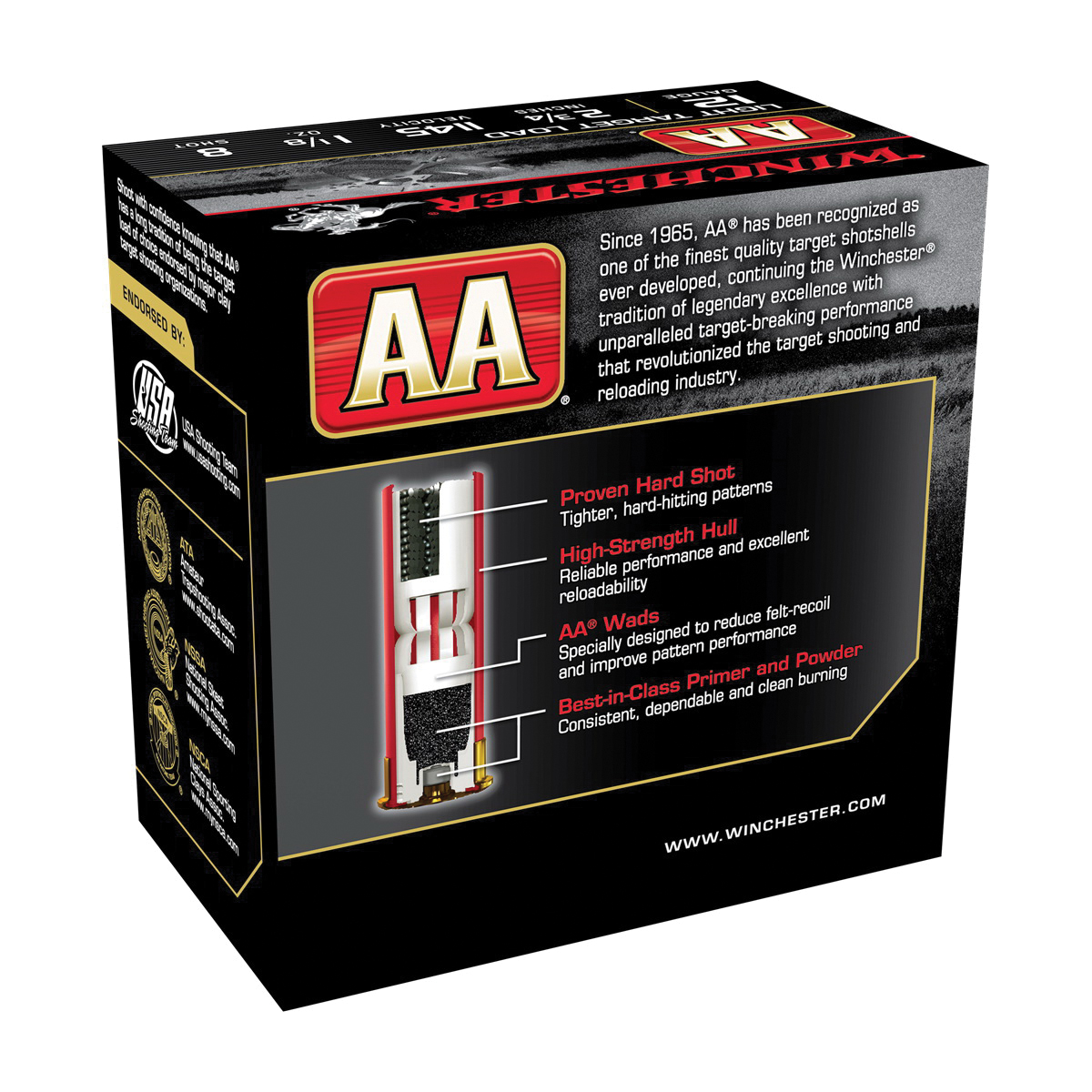 Winchester AA128 Shotshell, Light Target, Lead, Specifications: 1-1/8 oz Bullet Weight, 12 ga Ammo Caliber
