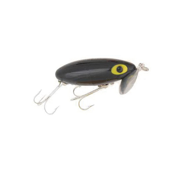 Arbogast G600-02 Jitterbug, Floating, 2-1/2 in L, 5-Hook, Black Bait, Bass, Muskie, Northern Pike, Panfish