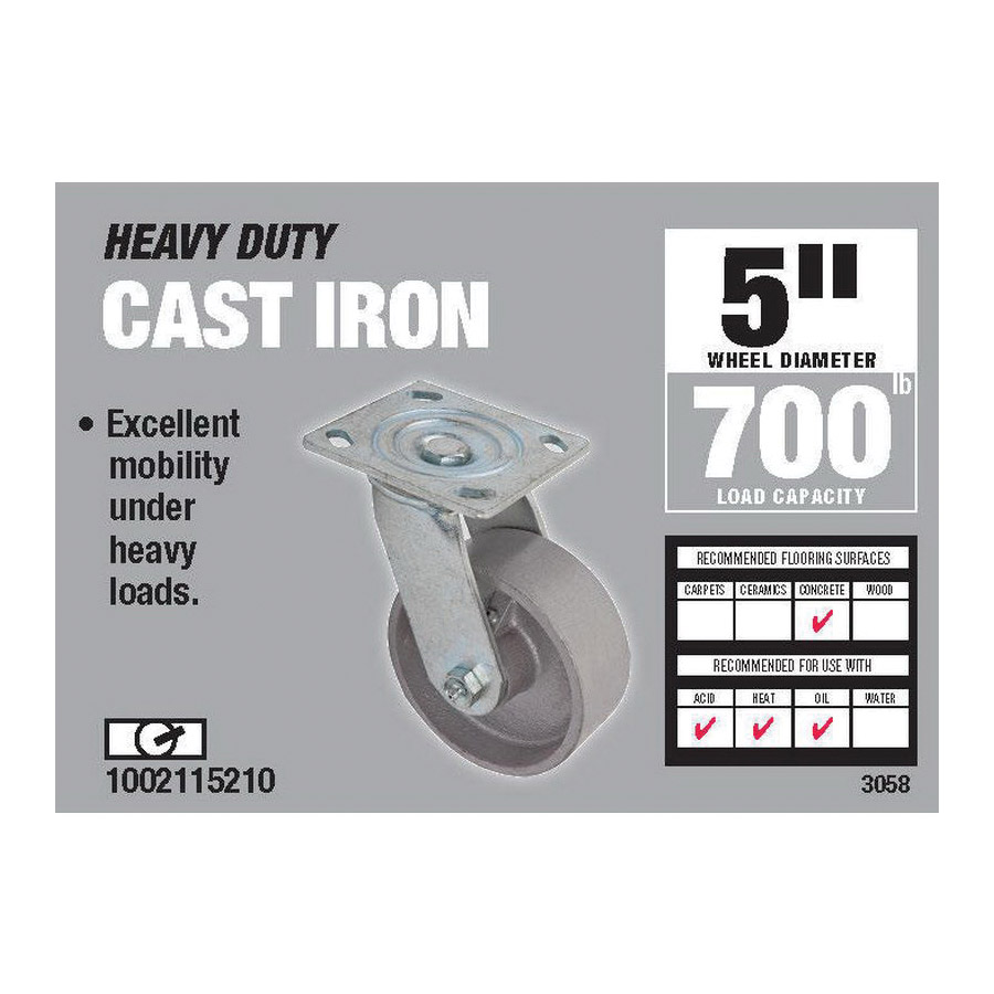 Swivel Caster, Shepherd Hardware, 5 in Dia Wheel, 2 in W Wheel, Cast Iron Wheel, Gray/Silver, 800 lb - 2