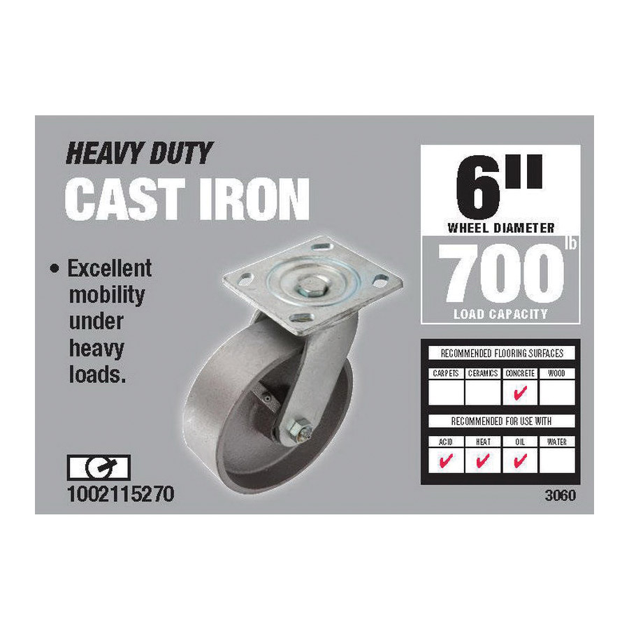 Swivel Caster, Shepherd Hardware, 6 in Dia Wheel, 2 in W Wheel, Cast Iron Wheel, Gray/Silver, 900 lb - 1