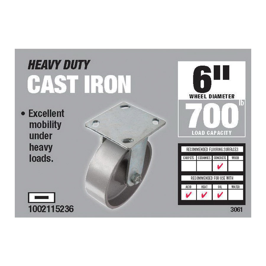 Rigid Caster, Shepherd Hardware, 6 in Dia Wheel, 2 in W Wheel, Cast Iron Wheel, Gray/Silver, 900 lb - 2