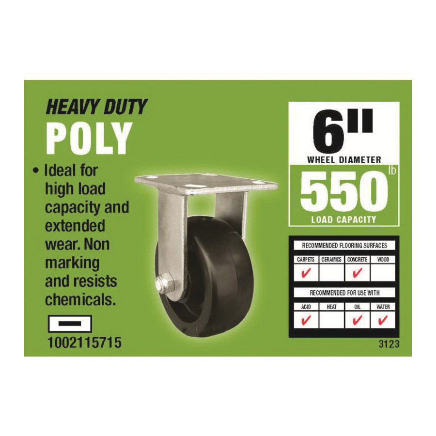 Rigid Caster, Shepherd Hardware, 6 in Dia Wheel, Polypropylene Wheel, Black/Gray, 550 lb - 2