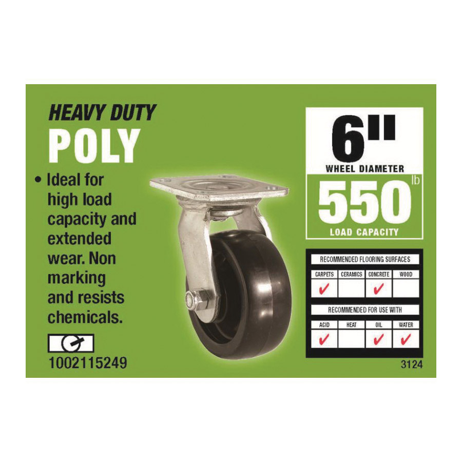 Swivel Caster, Shepherd Hardware, 6 in Dia Wheel, Polypropylene Wheel, Black/Gray, 550 lb - 2
