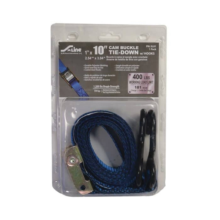 Buckle Tie-Down, Ancra, 1 in W, 10 ft L, Polyester, Blue, 400 lb Working Load, S-Hook End - 2