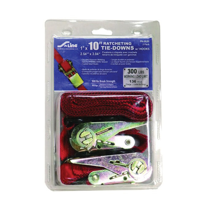 Ancra SL05 Tie-Down, Ratchet Adjustment, 1 in W, 10 ft L, Polyester, Red, 300 lb Working Load, S-Hook End, 2/PK