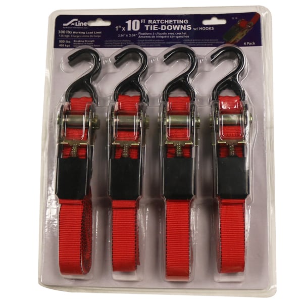 Ratchet Tie-Down, Ancra, 1 in W, 10 ft L, Polyester, Red, 300 lb Working Load, S-Hook End, 4/PK - 2