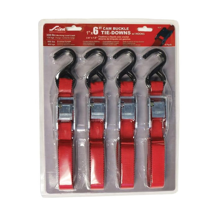 Buckle Tie-Down, Ancra, 1 in W, 6 ft L, Polyester, Red, 300 lb Working Load, S-Hook End, 4 pk - 2