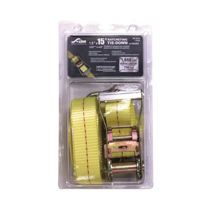Ratchet Tie-Down, Ancra, 1-1/2 in W, 15 ft L, Polyester, Yellow, 1666 lb Working Load, J-Hook End - 2
