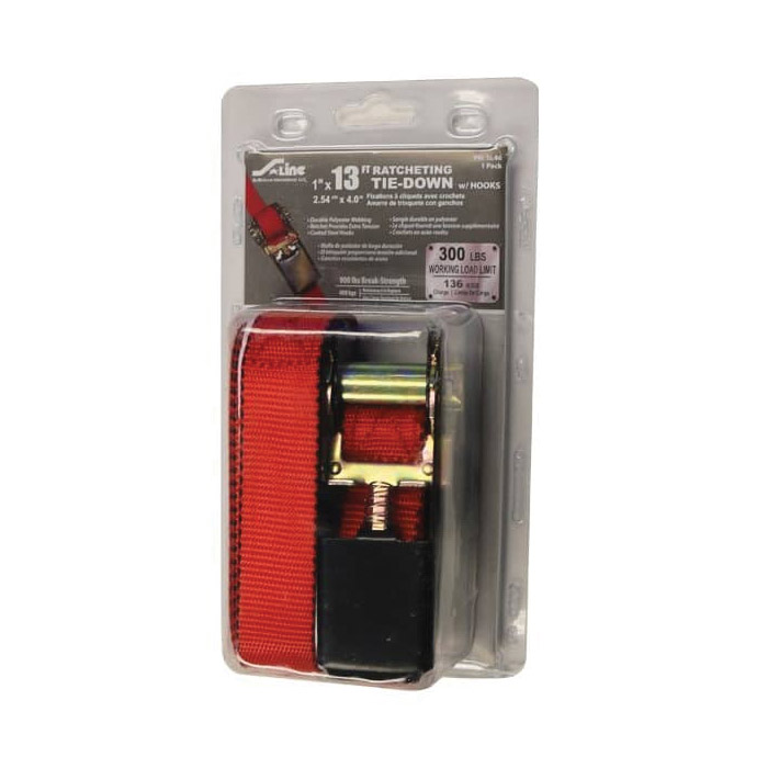 Tie-Down, Ancra, 1 in W, 13 ft L, Polyester, Red, 300 lb Working Load, S-Hook End, 1 pk - 2