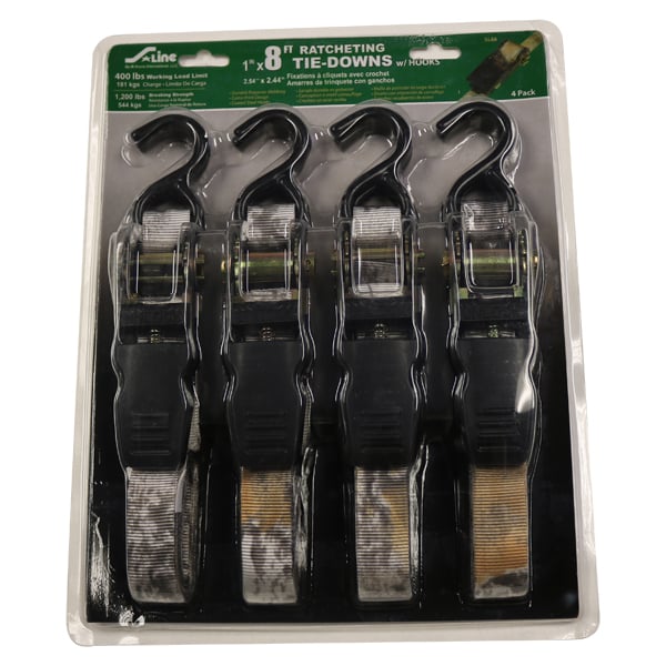 Sline Ratchet Tie-Down, Ancra, 1 in W, 8 ft L, Polyester, Camo, 400 lb Working Load, S-Hook End 4 pk - 2