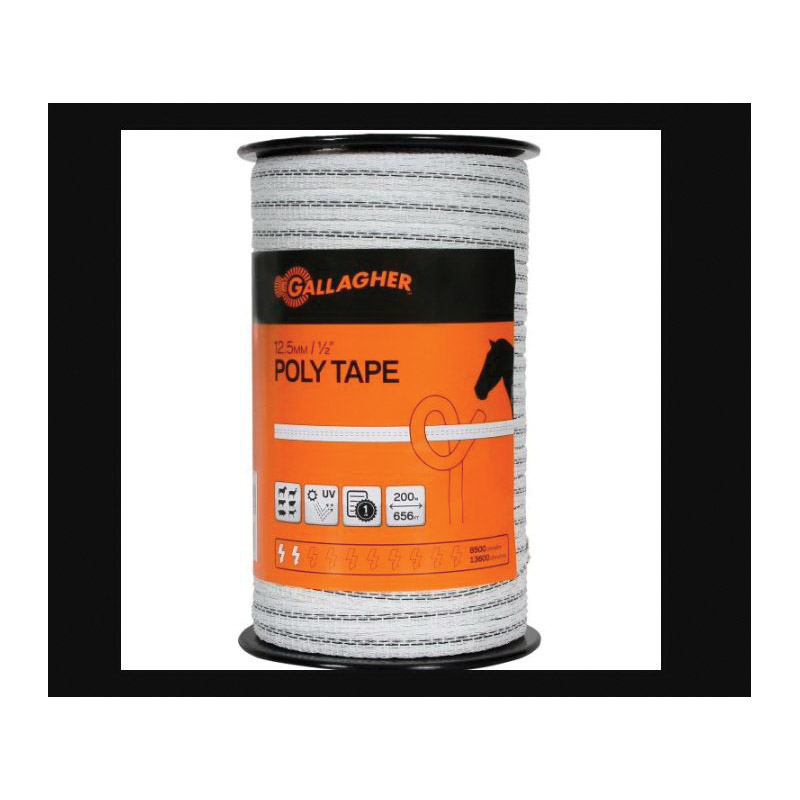 G62304 Electric Fence Tape, 656 ft L, 1/2 in W, Stainless Steel Conductor, Polyethylene, White