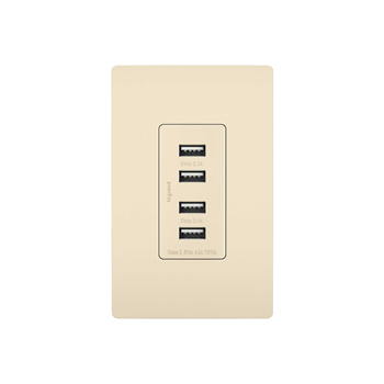 Legrand radiant TM8USB4LACC6 Quad USB Charger, 4.2 A, 125 V, 4 -USB Port, NEMA: NEMA 5-15R, Light Almond