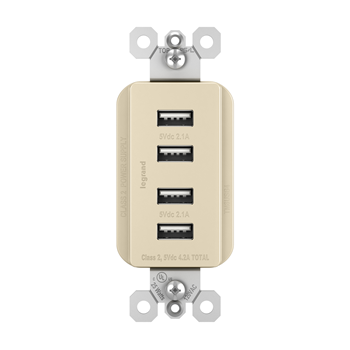 Legrand radiant TM8USB4LACC6 Quad USB Charger, 4.2 A, 125 V, 4 -USB Port, NEMA: NEMA 5-15R, Light Almond