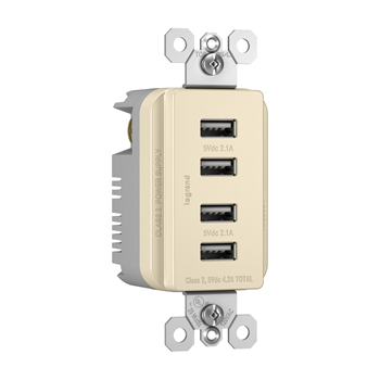 Legrand radiant TM8USB4LACC6 Quad USB Charger, 4.2 A, 125 V, 4 -USB Port, NEMA: NEMA 5-15R, Light Almond